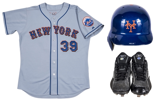 Lot of (3) Pedro Feliciano Game Used New York Mets Batting Helmet, Road Jersey (signed) & Reebok Cleats (Mets COA & Steiner)